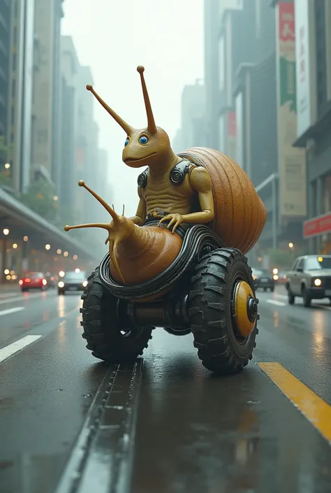 3D image of a human-like snail riding a motor shell of its motor engine on a highway