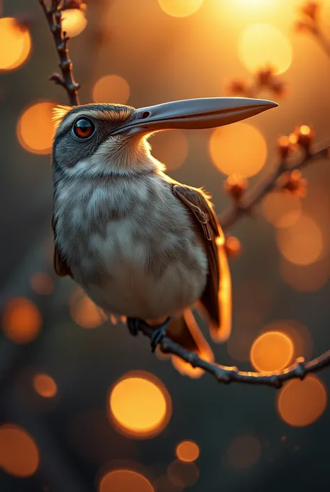 A mesmerizing close portrait of a beautiful little bird illuminated by the soft golden light of a quiet morning, with vibrant bo...
