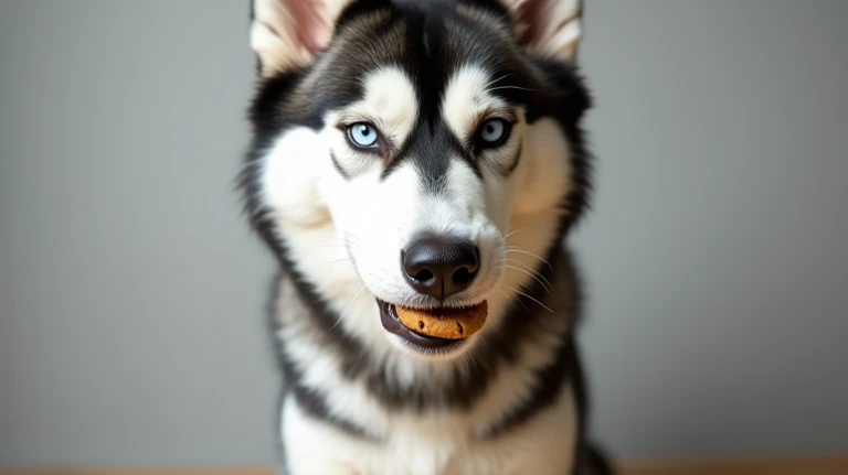 input: "Realistic photo of a Husky dog trying to balance a cookie on the tip of its snout, with eyes fixed on the food. The expr...