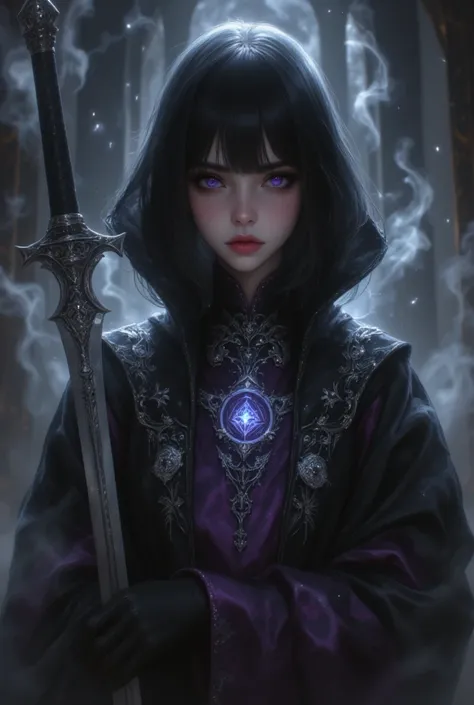 A young, arrogant girl with straight black hair and bangs. She wears a black and dark purple gothic robe adorned with silver emb...