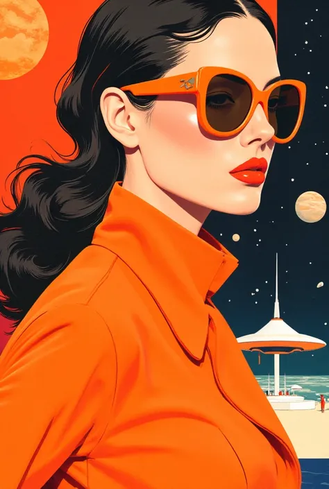 1960s, midcentury, space age fashion, pretty woman, side view shot, vibrant contrast, fluorescent orange shades, lounge coat, su...
