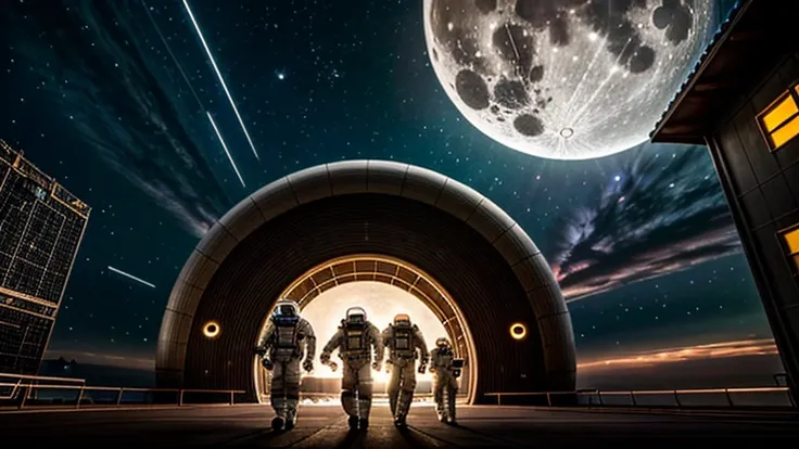 G-Core 1.0 colony at dusk, astronauts in advanced exosuits walking near the dome's entrance, anti-gravity lights pulsating insid...