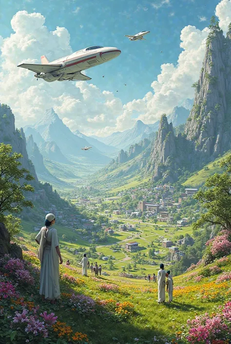 Sci-fi Hometown in open area beautiful scenery birds people flowers green grass trees robot bus car bike drone flyingplane 