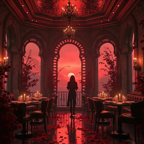 inside VIP room red vampire restaurant with red roses, windows red sky aura and stars. realistic 4k