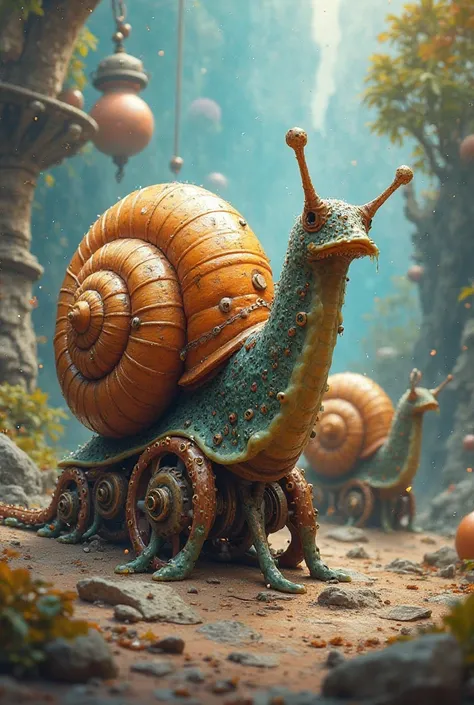 Three snails with locomotive wheels and slimy