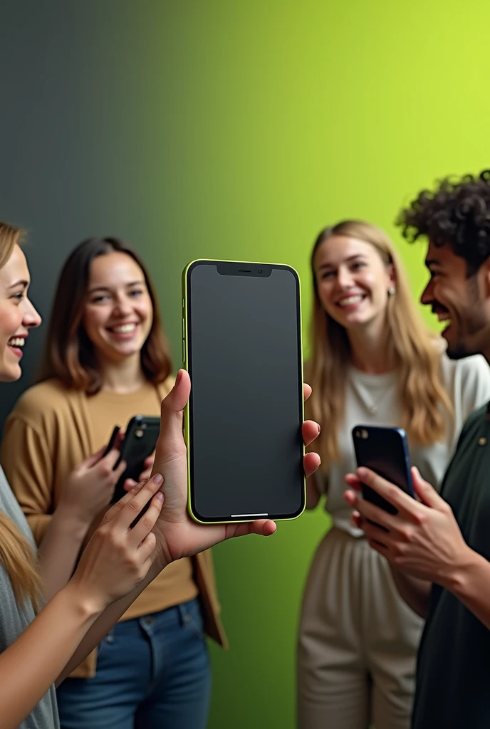 A sleek, modern promotional image for a mobile language learning app. The center features a realistic iPhone mockup with a dark ...