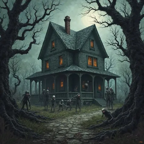 Subject: House of creepy stories, so that there would be the same text on the image and all sorts of monsters, etc.