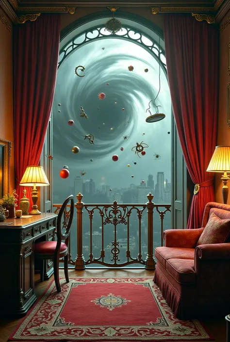 A darkening portal opens at the balcony end of a very steampunk hotel room. Swirling winds create hazards in the room as steampu...