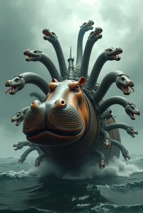 A winged boat with the face of a hippopotamus and 10 hydra heads