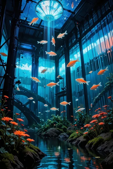 An artistic photography scene of a large aquarium illuminated by soft, diffused underwater lights. Translucent fishes glide grac...