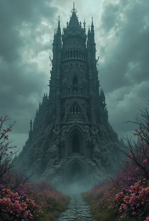  a beautiful but dark tower, where flower like from rapunzel grow on the base and along the tower, the tower represents everythi...