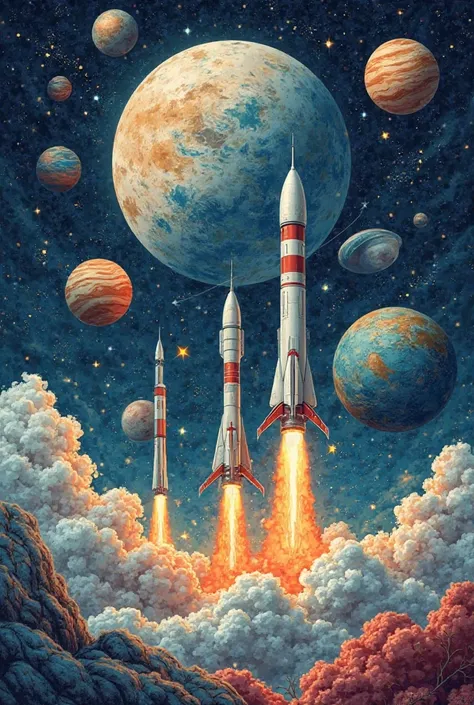 NASA image for ren showing planets, rockets , The Moon drawing style  