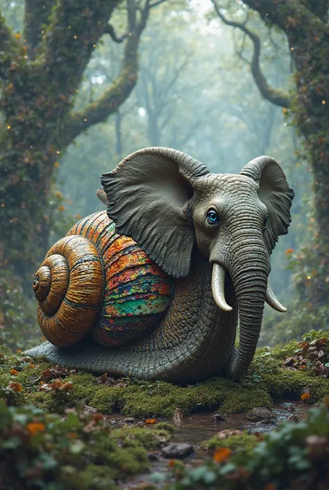 An image of a snail with a tiger's head and an elephant's head 