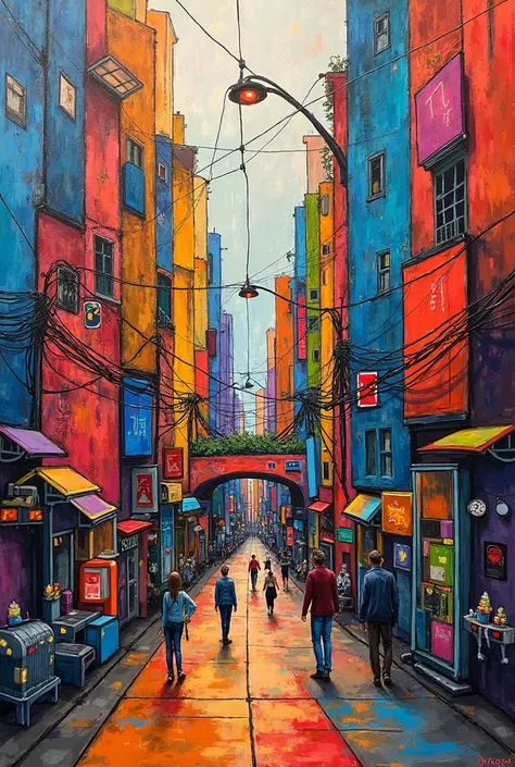 Make me a painting with a city with patterns and shapes with an impressionism theme 