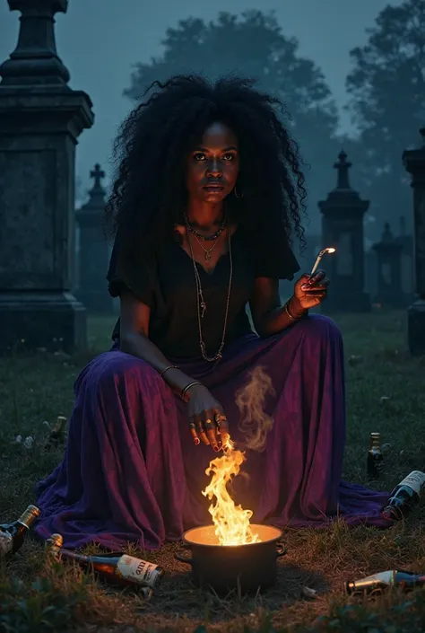 African woman, apparently in her 40s, with long black afro hair, wearing a simple black dress with a long purple striped hem. Th...