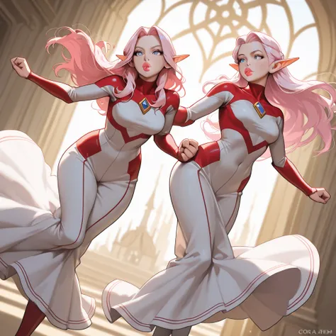 Two twins , big lips ,  light pink hair, olhos lilas, (Pele clara), workout clothes, sensual, elf ears, batom, tema rosa, kawaii...