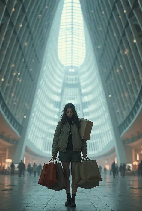take a picture with an endless khan shatyr and a tired and dissatisfied girl with lots of bags in her hands 