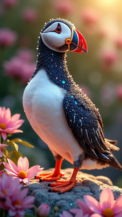 "A breathtaking portrait of a Atlantic Puffin bird with its entire body and fanned tail crafted from dazzling diamonds and rare ...
