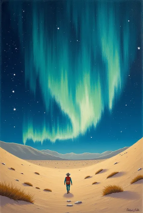 Create an image of a beautiful aurora with a desert but make the sky dark and a beige hue, also make it in a vincent van gogh st...