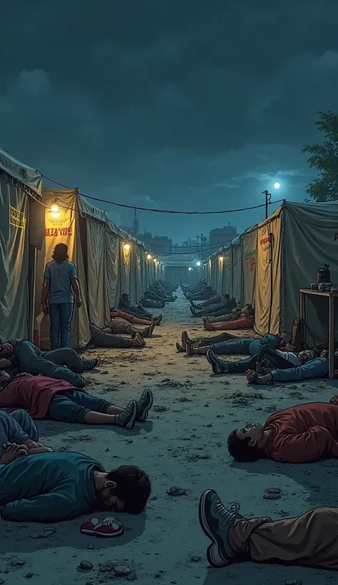 At night with dim light, the emergency tents in the city that say 'AZZAH CITY' look crowded and full of injured cats wearing cas...