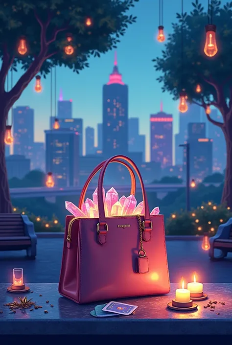 A magical flat lay illustration of an open modern handbag on a granite subway bench, with crystals, tarot cards, small candles, ...
