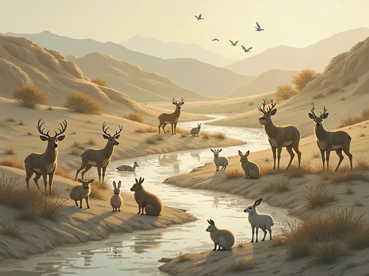 scenes: by a dry stream. Animals gather, worries.)