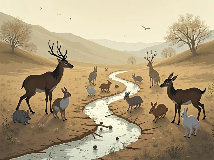 scenes: by a dry stream. Animals gather, worries.)