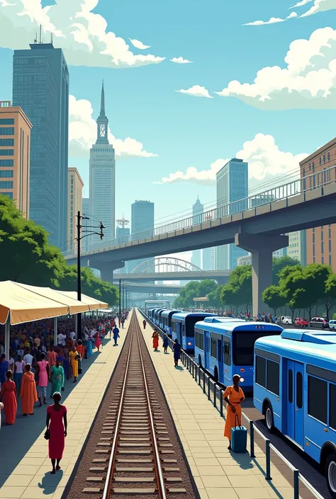 Portraiture illustration of Port Harcourt City Architecture; with daily activities of market women at the railway lines, blue bu...