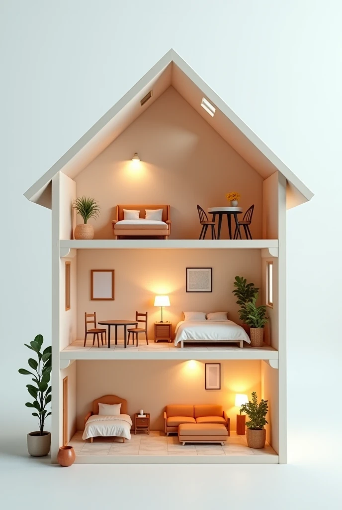 a 3D house that can be seen from the inside. The house that has three floors,  the first floor , from bottom to top, a living ro...