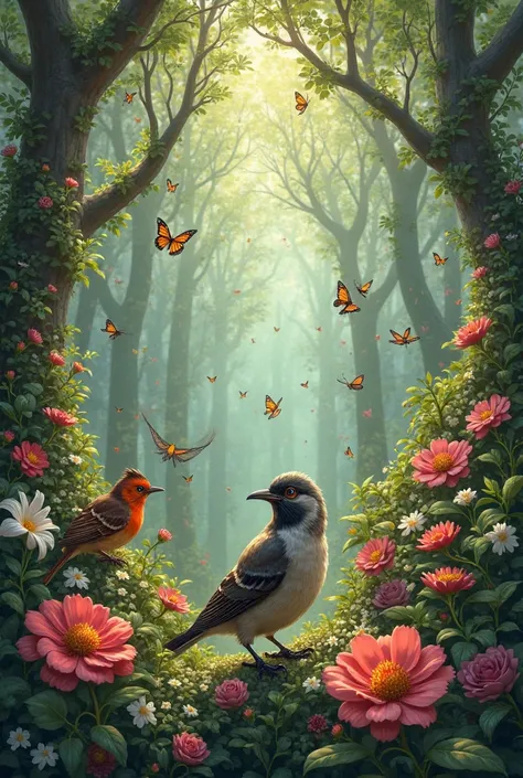 Endangered Magic Forest, with lots of trees and flowers, with a lot of birds protesting 