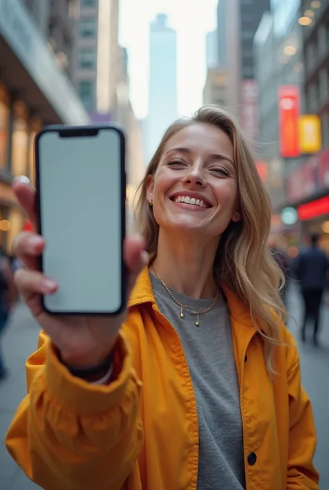 person smiling and showing their phone in front