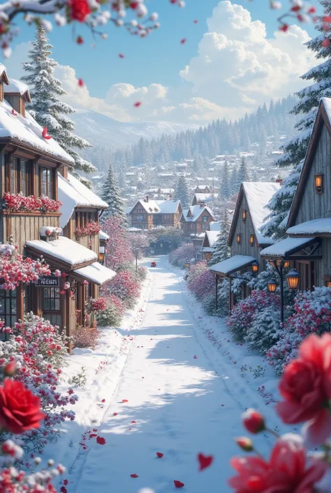 I want a picture of a beautiful city. There is snow, red roses, houses, everyone, a nice street, nice cars, and people.