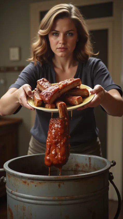 A plate of smoky, tender BBQ Ribs, once sizzling with flavor, sits abandoned in the woman’s hands. With a look of indifference, ...