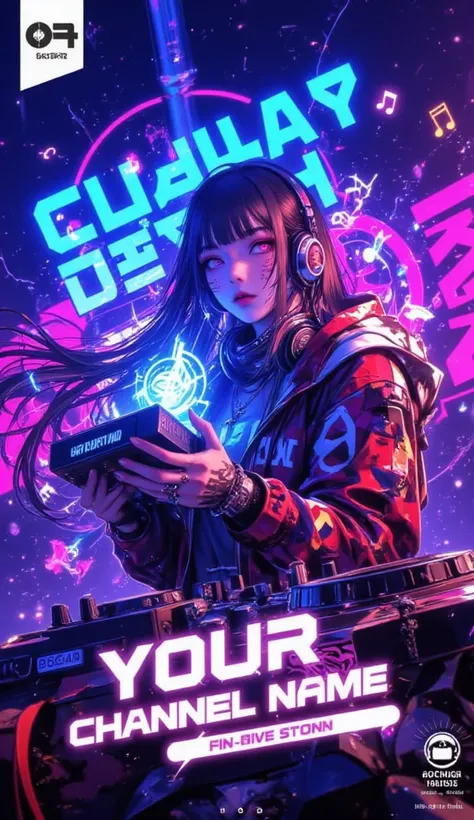 "An eye-catching anime-style YouTube banner featuring a vibrant scene of a stylish anime girl with long, flowing hair, wearing t...