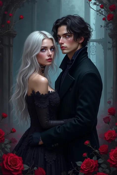 Include golden hair and green eyes boy and black hair blue eyes girl as well in background like couple Create a dark fantasy rom...