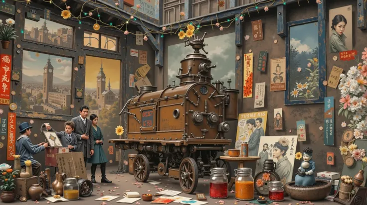 "Please create a steampunk collage art", "Please create a collage art with a streetscape with many wheels and people drawn in cu...