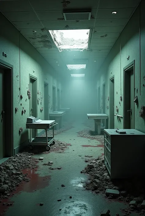Destroyed hospital, a  covered in dust and blood 3d cinematic and realistic 
