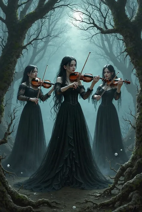 Create a cover of a band of 3 girls who wear gothic , 2 of them have violins , They are in a terrifying forest