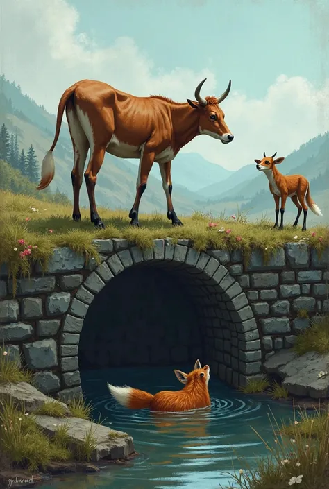 A deep well with water at the bottom, a fox inside the water looking up for help, and a small calf looking down at the water for...