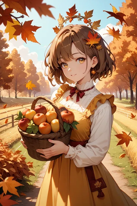 amber eyes, short layered brown hair, autumn leaf crown, holding basket of fruits, golden field backdrop