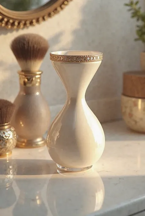 An hourglass-shaped container, for hair cream