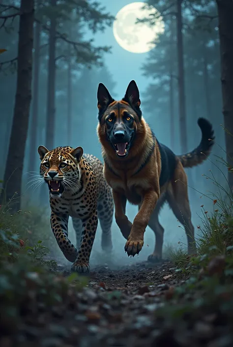 the german sheperd dog is walking in the forest and it is night time with the full moon and bite the scary leopard in the neck w...