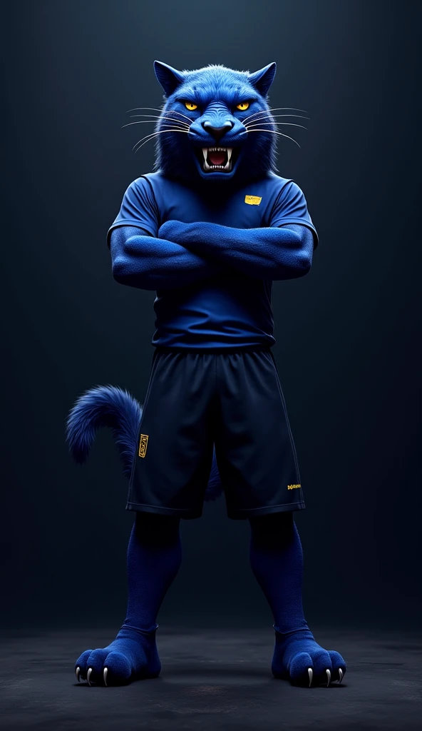 a realistic dark blue panther mascot of a free fire team. The panther is wearing a dark blue uniform. Black and blue shirt. Blac...