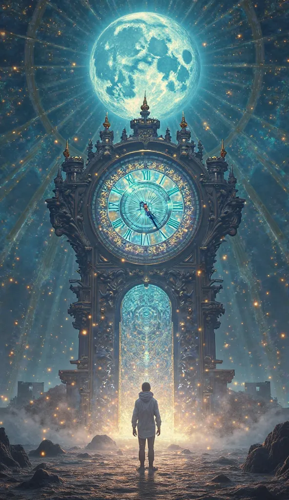 Space of time　big clock
Another dimension
The background is studded with jewels　
Iridescent glow　fantastic　 handsome and young m...