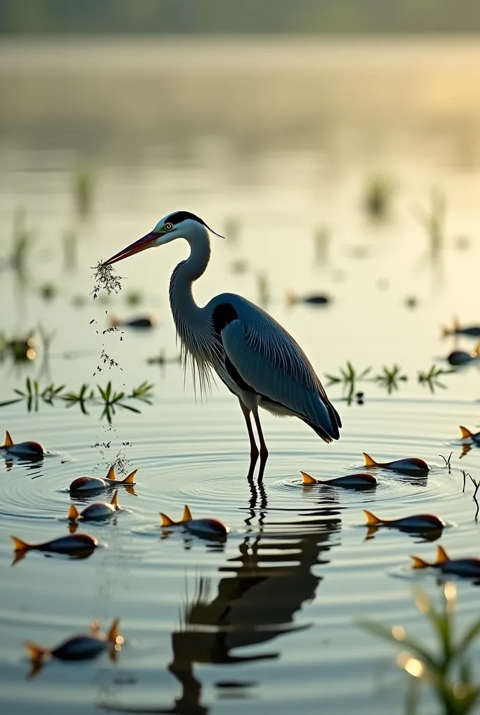 "A large heron standing in the middle of a vast wetland, catching and eating small 'Puti' fish one by one. The water is shallow ...