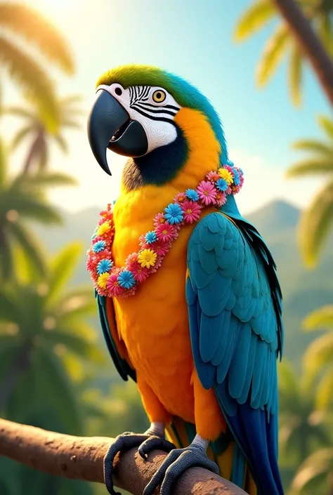 Create an image of a clear macaw with Juliet's Hawaiian slippers