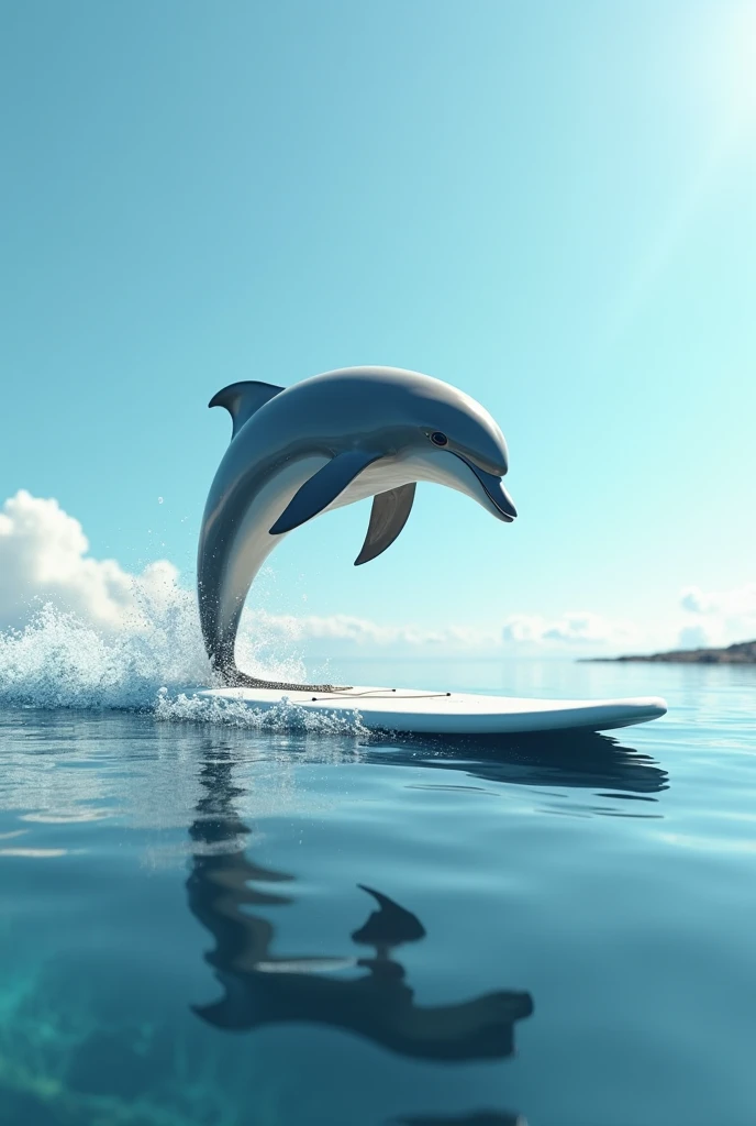 A dolphin paddling on a stand up paddle board