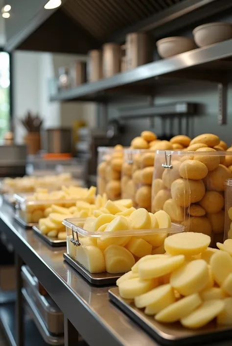 "Generate an image of a well-organized professional kitchen with cut potatoes (For example, in slices or strips) vacuum-packed a...