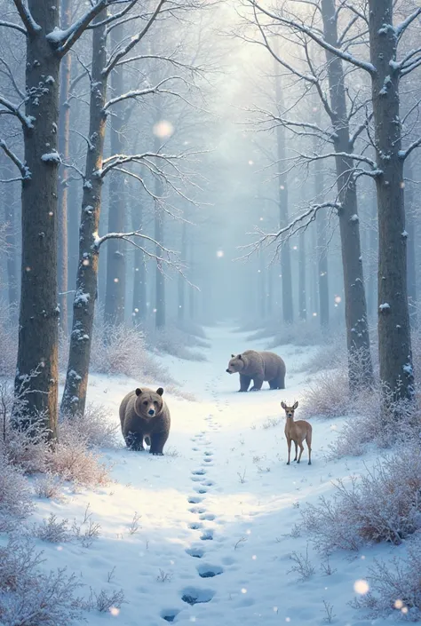 soft snow in a winter forest lightly covering all leaves trees grass and plains whiles bears and deer roam though it