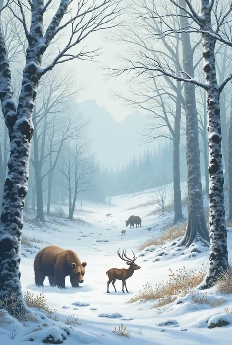 soft snow in a winter forest lightly covering all leaves trees grass and plains whiles bears and deer roam though it